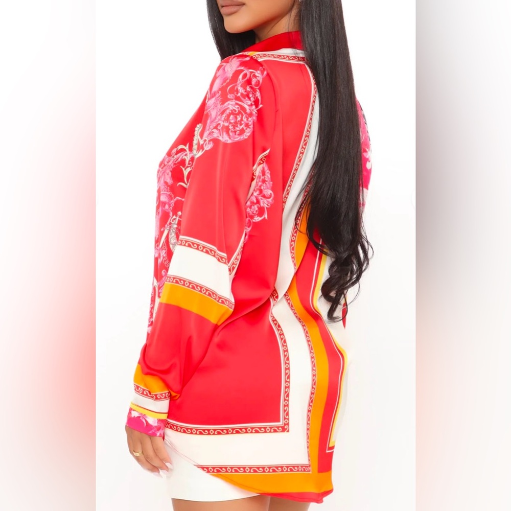 Printed Satin Button-Up Top in Red & Pink - Picture 4 of 4
